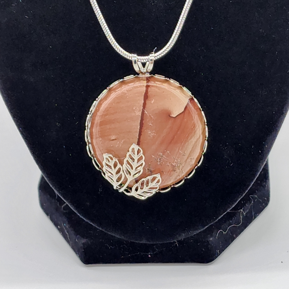 Jasper Cabachon Pendant in Silver-tone Setting Leaf Accent